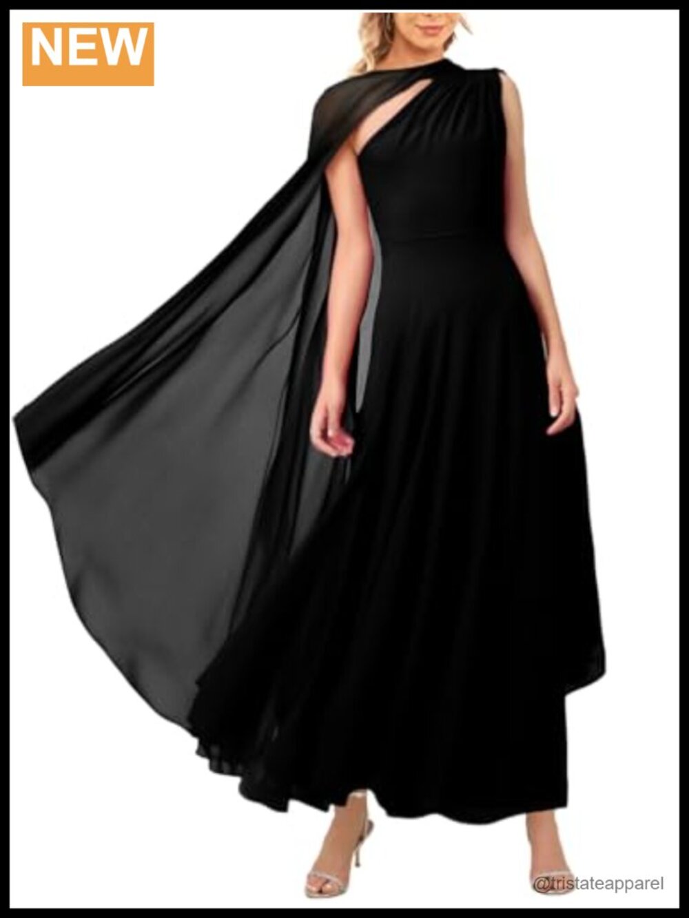 Elegant One Shoulder Flowy A-Line Maxi Formal Evening Dress with Cape